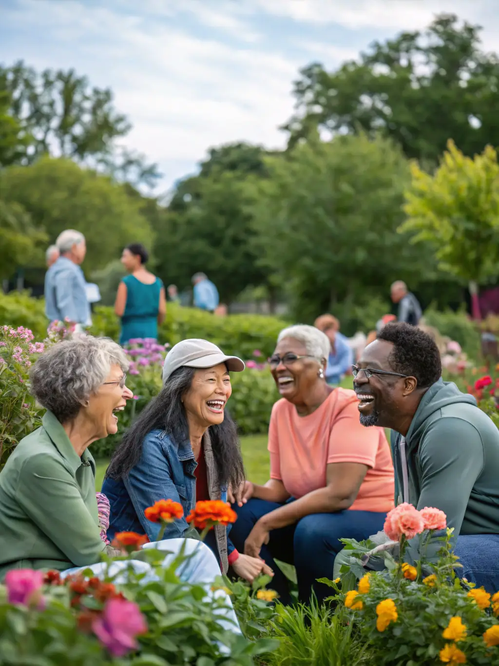 A group of people of different ages and backgrounds laughing together after a sports event, highlighting community spirit.