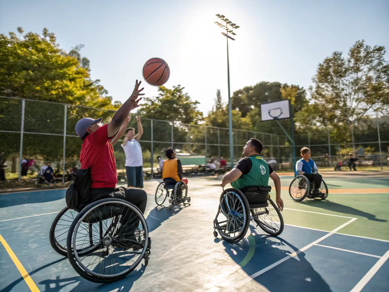 An inclusive image featuring individuals with disabilities participating in a wheelchair basketball game, promoting inclusivity and accessibility in sports.