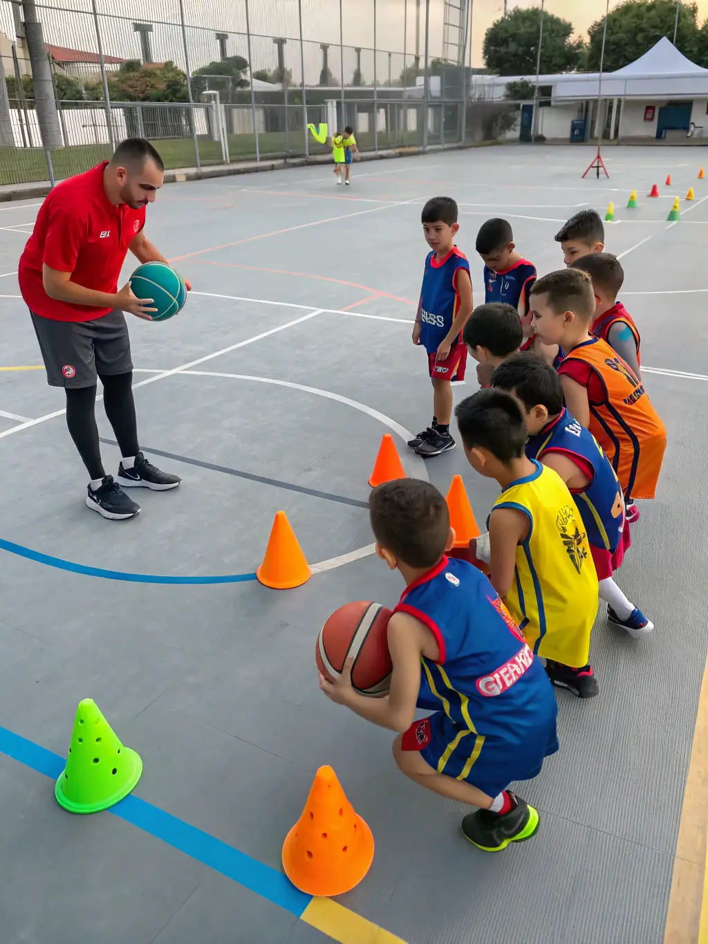 A vibrant image of children participating in a basketball clinic, showcasing teamwork and skill development.