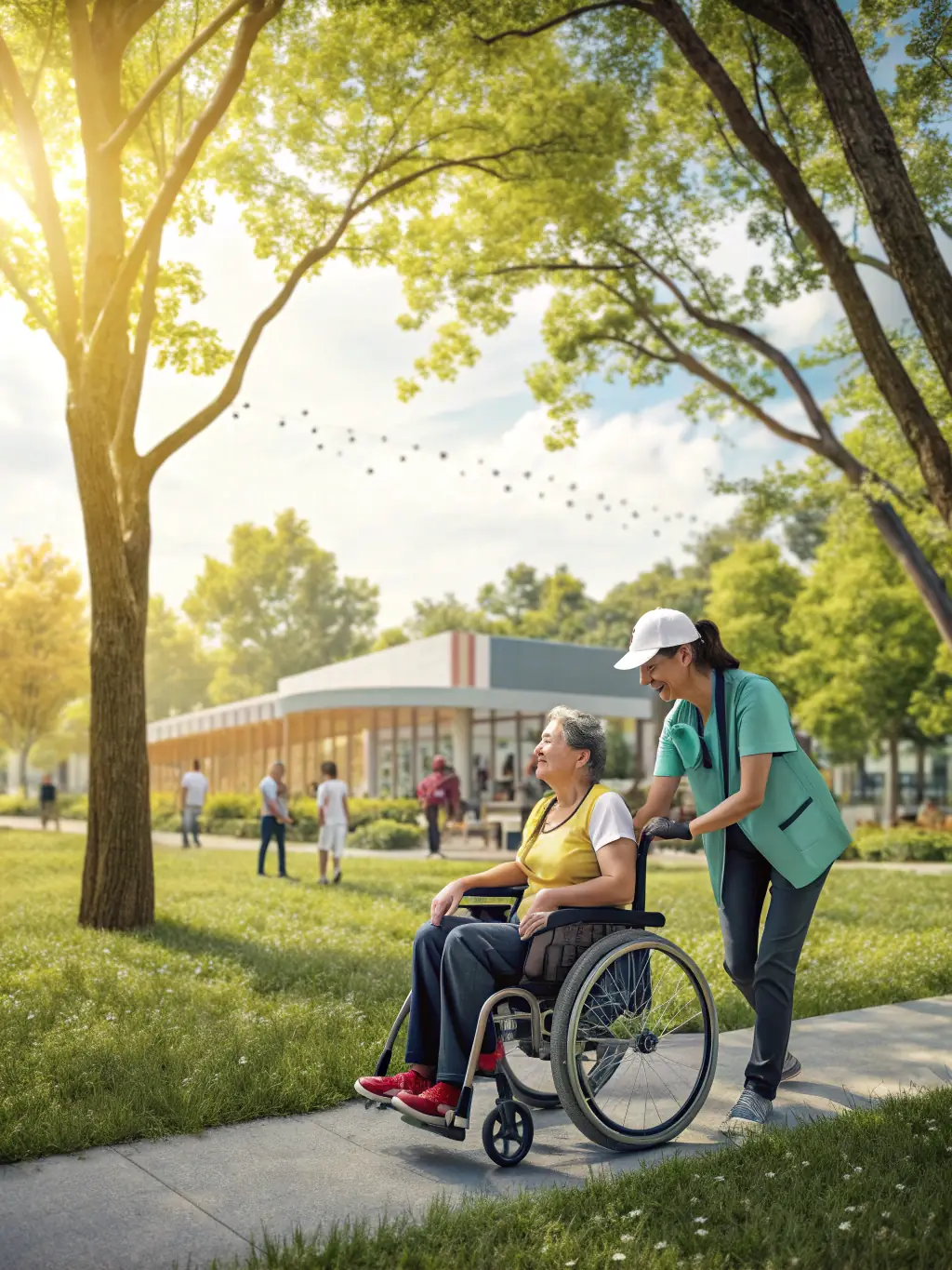 A diverse group of athletes participating in adaptive sports activities outdoors, showcasing inclusivity and community spirit.