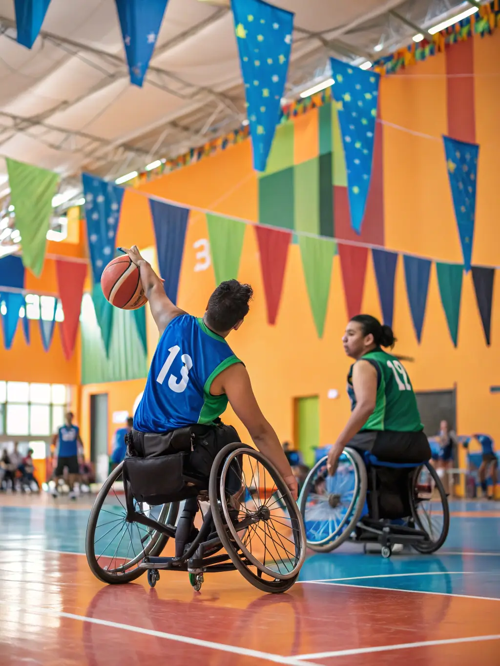 A group of diverse athletes participating in a wheelchair basketball game, showcasing teamwork and inclusivity.