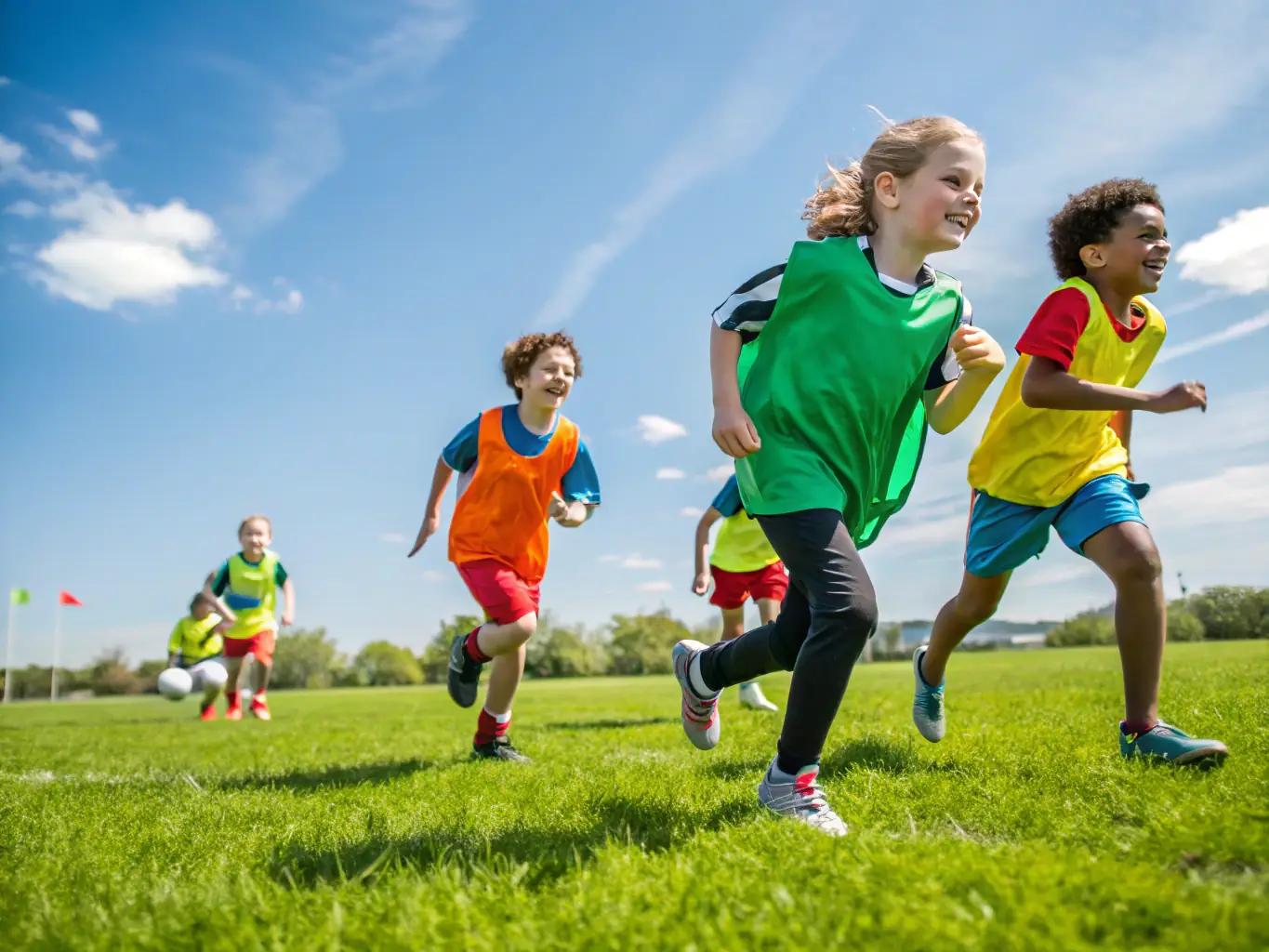 A vibrant photograph capturing a group of diverse children participating in a sports clinic organized by ASSOCIATION SPORTIVE ASPTT SAINTES, showcasing teamwork and joyful engagement.