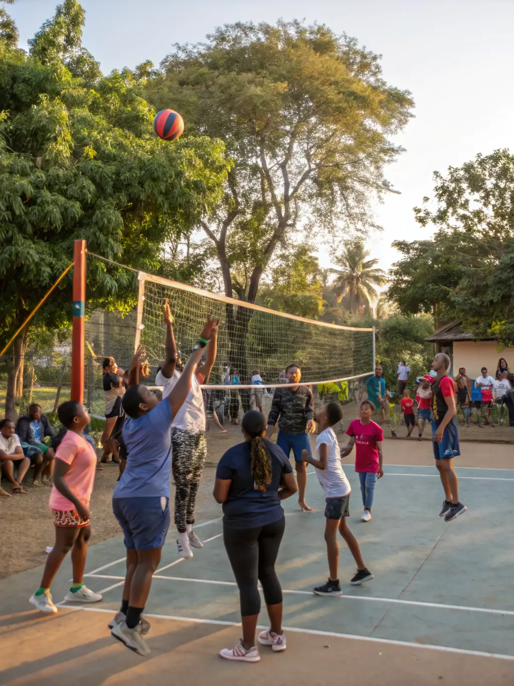 A group of adults participating in a recreational volleyball game at ASSOCIATION SPORTIVE ASPTT SAINTES, emphasizing fun and fitness.