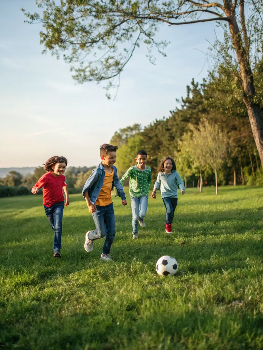 A photo of adults participating in a friendly soccer match, emphasizing fitness and camaraderie.