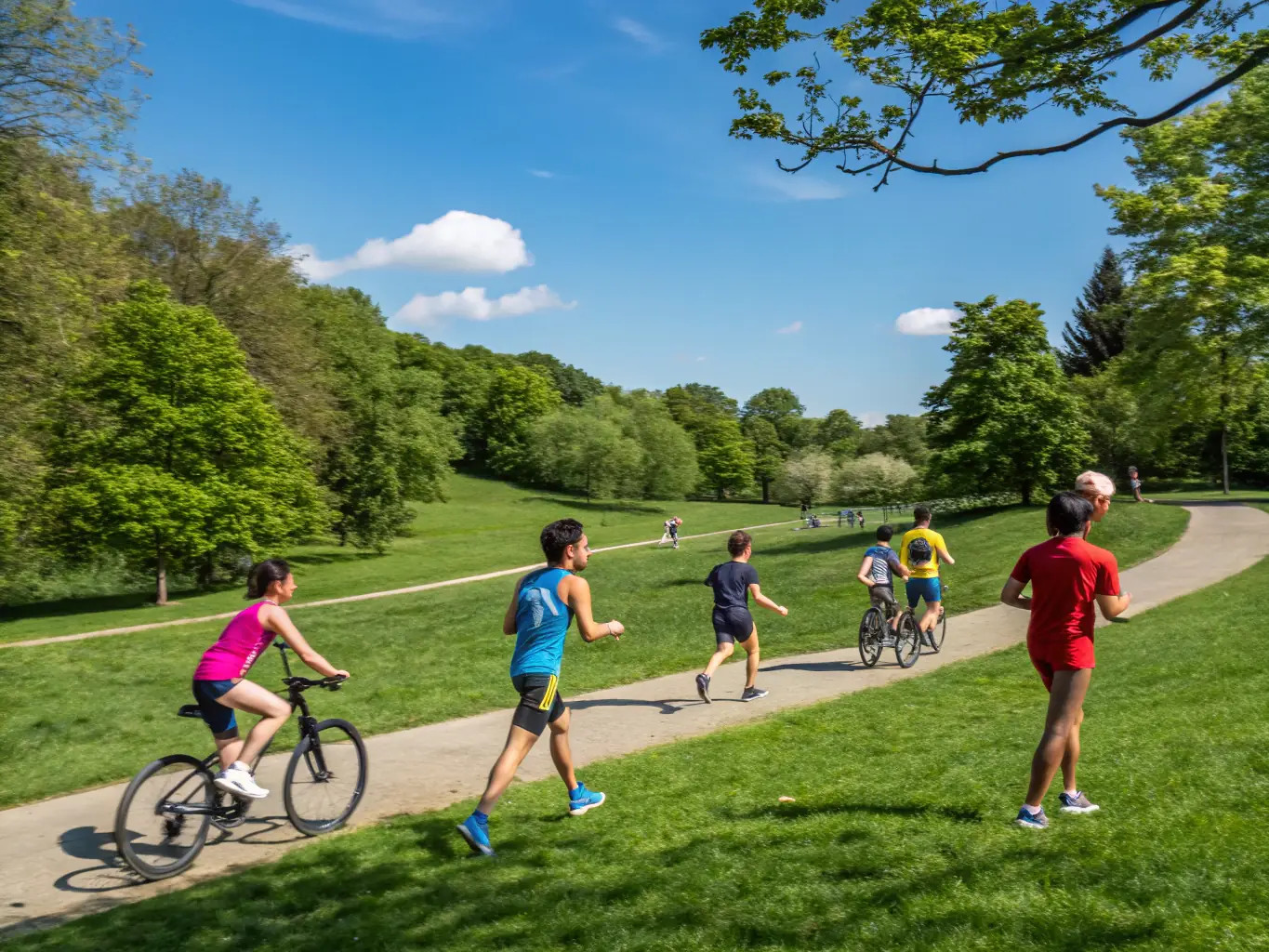 A dynamic image showing a group of people running outdoors in a park, emphasizing fitness, endurance, and the beauty of nature.