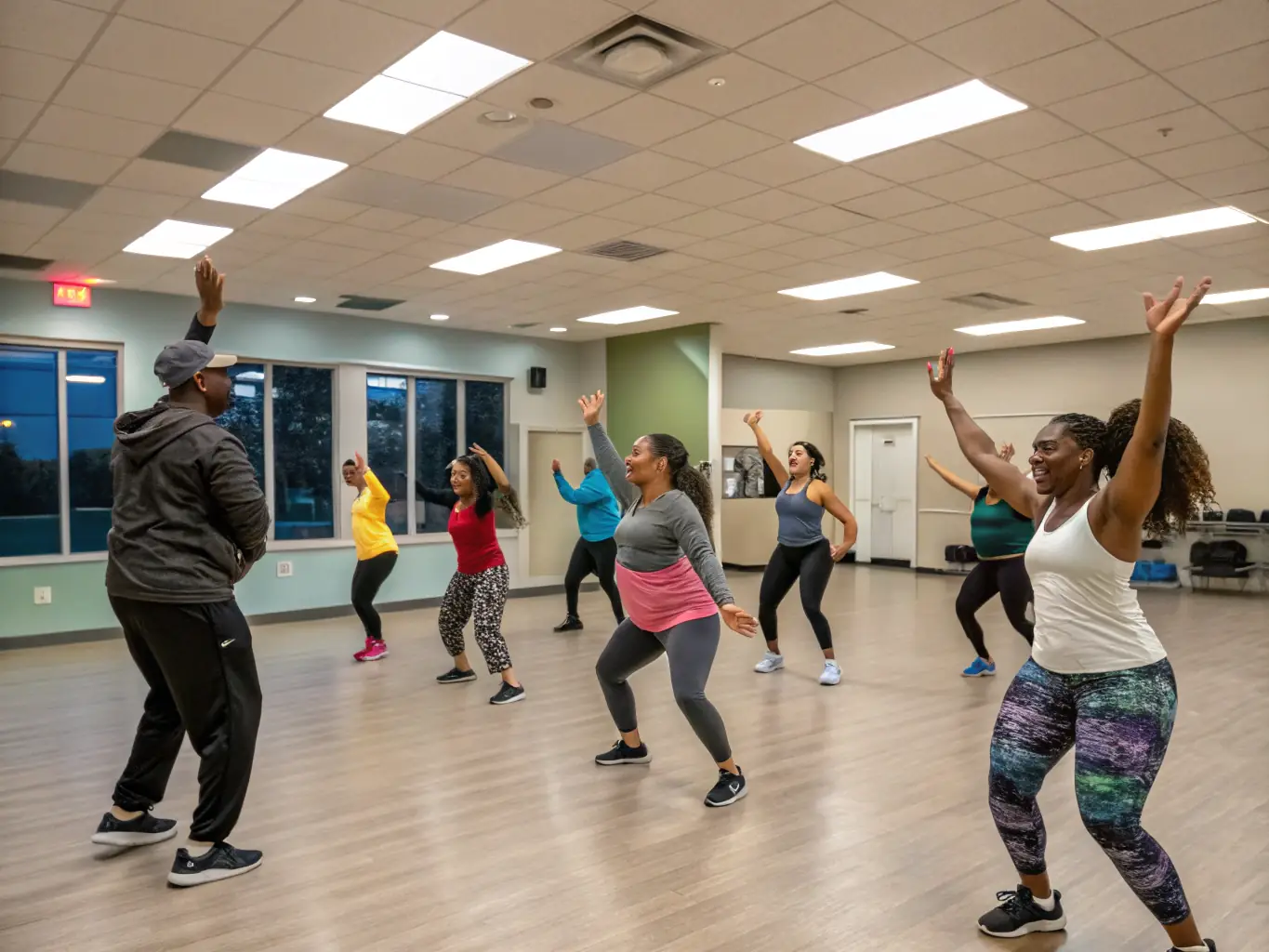 A dynamic image of adults participating in a Zumba class, highlighting the energy and fun of the fitness program.