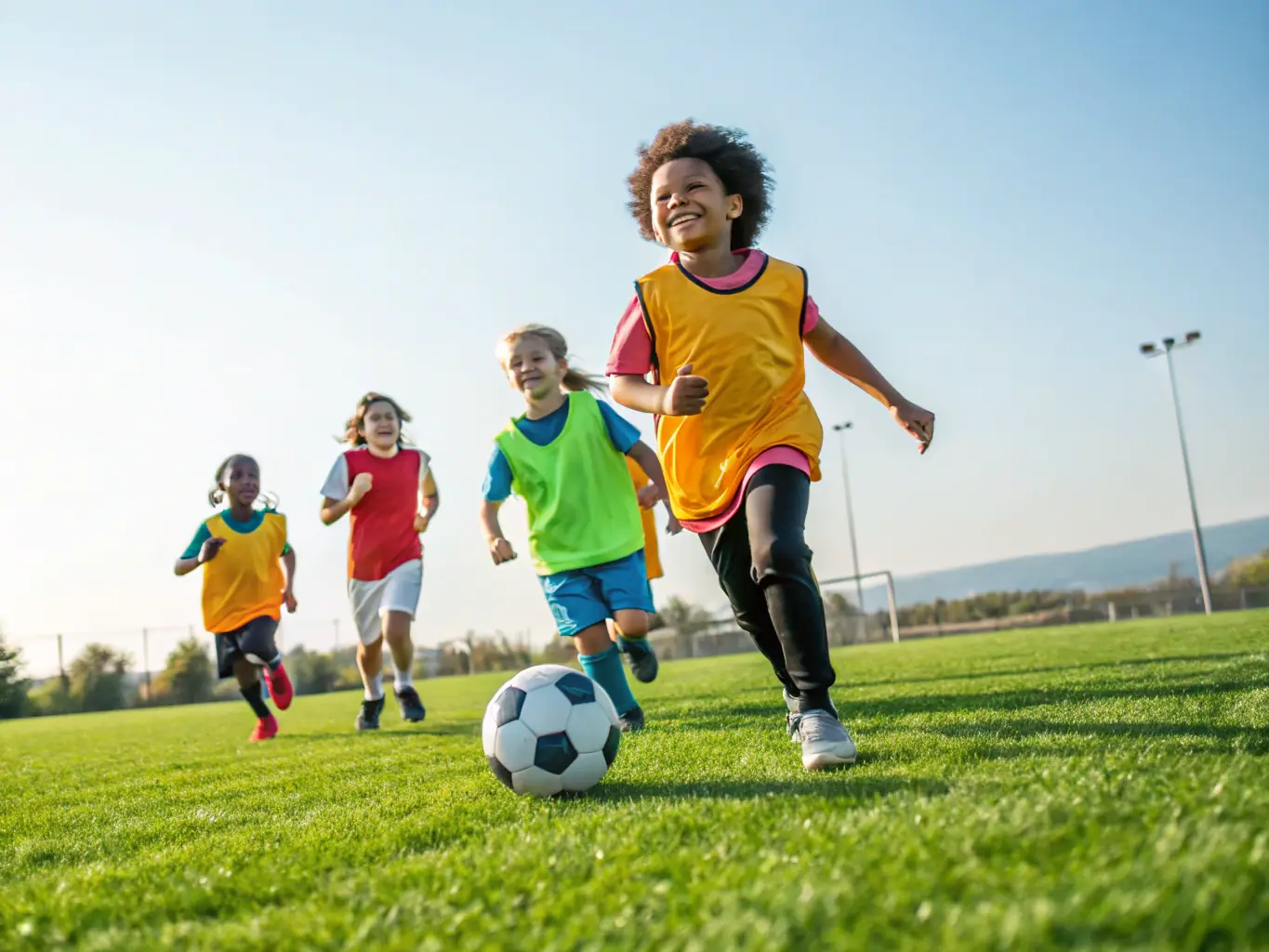 An engaging image featuring a group of children participating in a fun and inclusive sports activity, highlighting the joy and accessibility of sports for all.