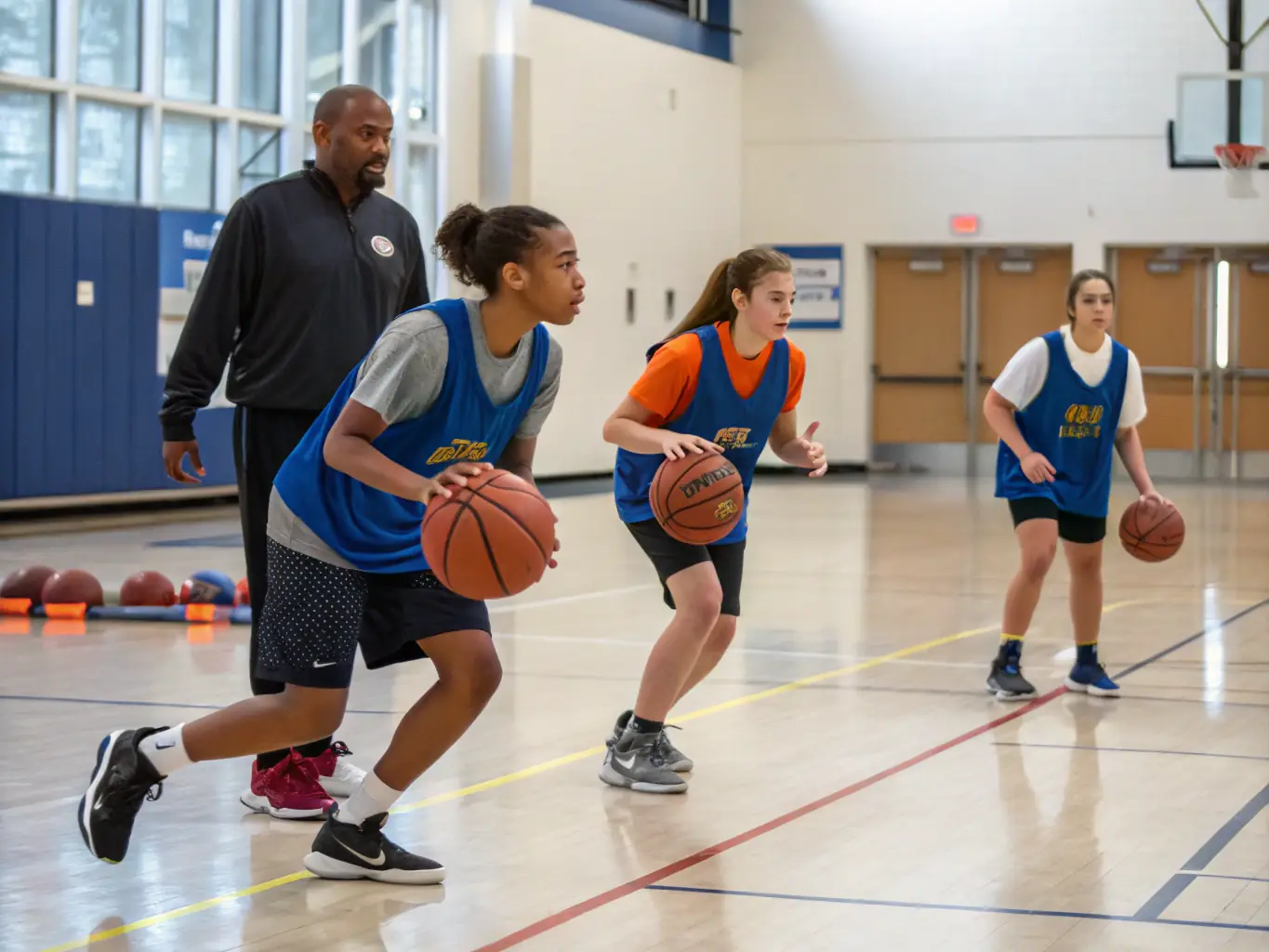 A vibrant image showcasing a group of young athletes participating in a basketball training session at the CENTRE SPORTIF LA BOISNARDERIE, emphasizing teamwork and skill development.
